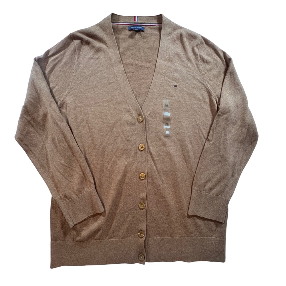 Tommy Hilfiger Cardigan Sweater Mens XL Brown Cotton V-Neck Button Front Knit